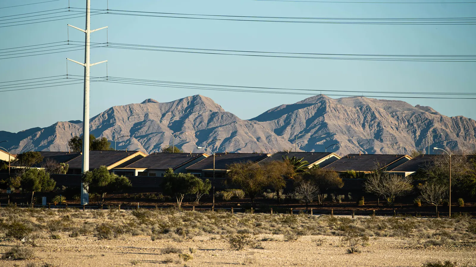 Rows of single-story houses with power lines in front of rugged desert mountains