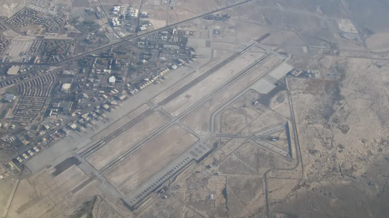 Aerial view of Nellis Air Force Base runways and the surrounding neighborhoods